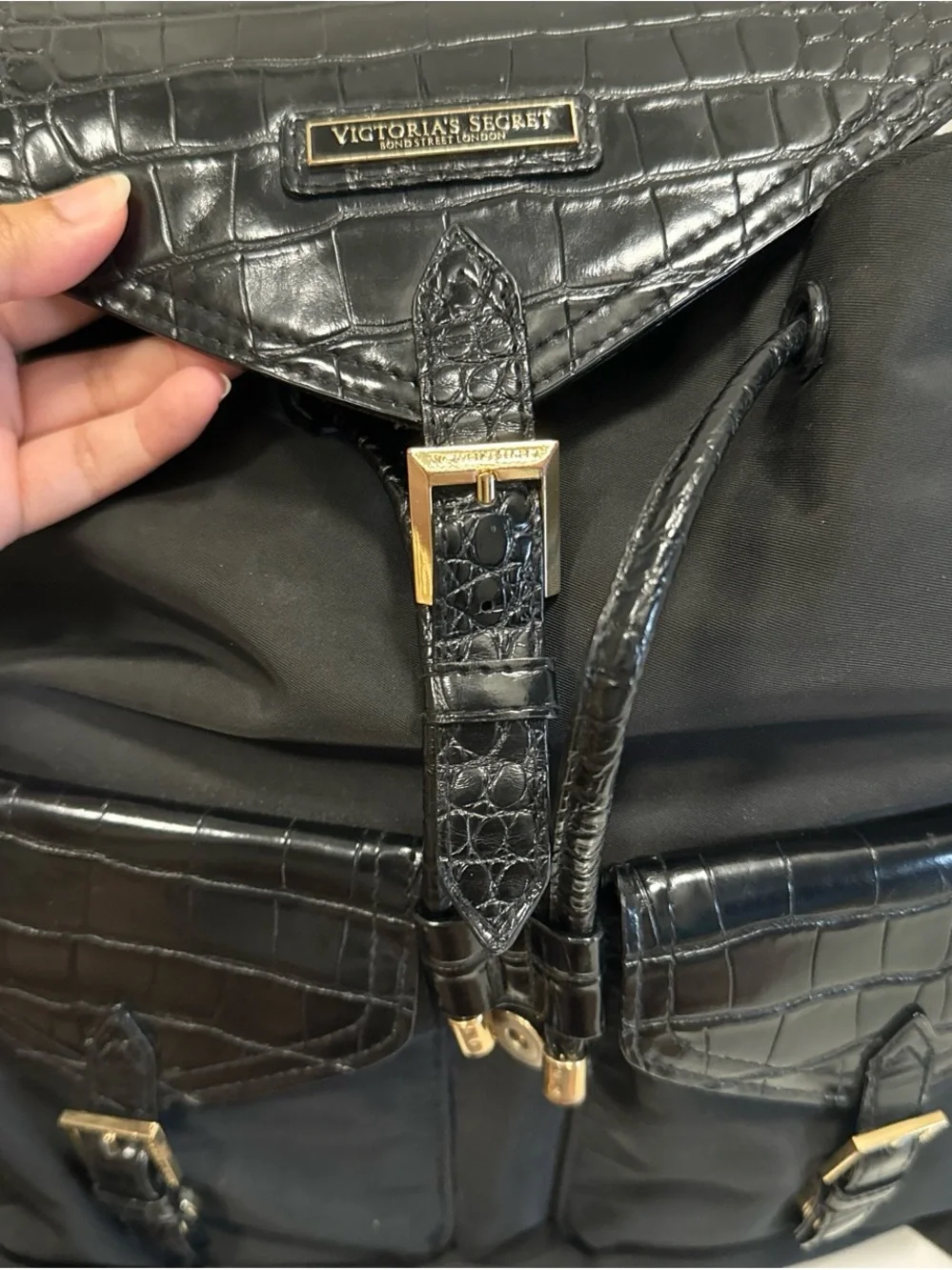 Victoria's Secret Black Croc-Accent Nylon Backpack